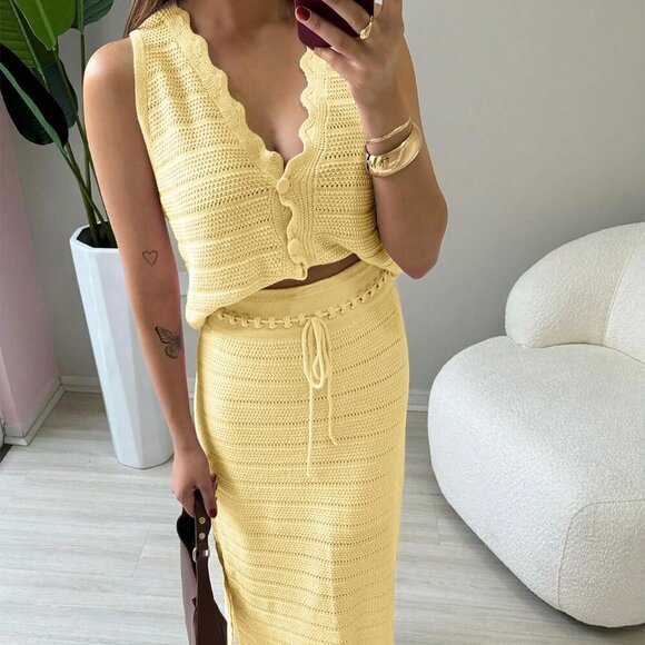 Sweaters - Deep yellow Casual Women's Knit Two Pieces Set